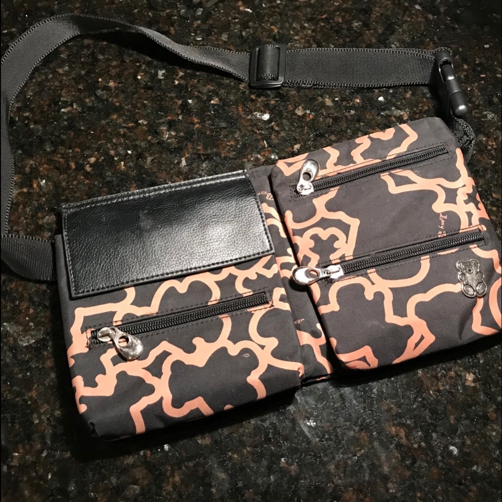 TOUS multi-logo black leather/canvas fanny pack